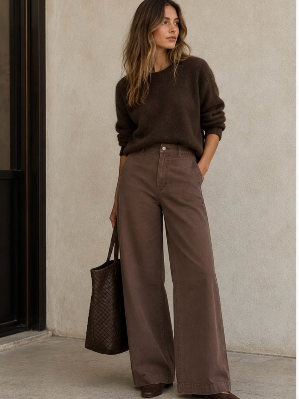 OAK + FORT Wide-Leg Twill Trousers in Dark Brown